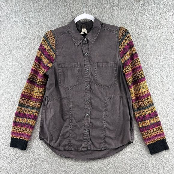 Free People We The Free Boho button down Shirt Mixed Media Sweater Sleeves Small - Picture 4 of 13